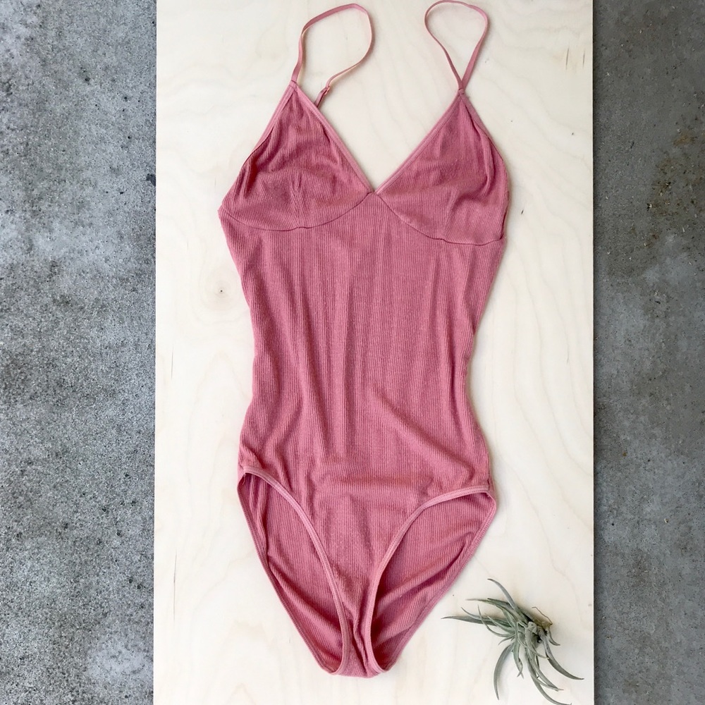 American Apparel Sofia Ribbed Bodysuit Rose Pink
